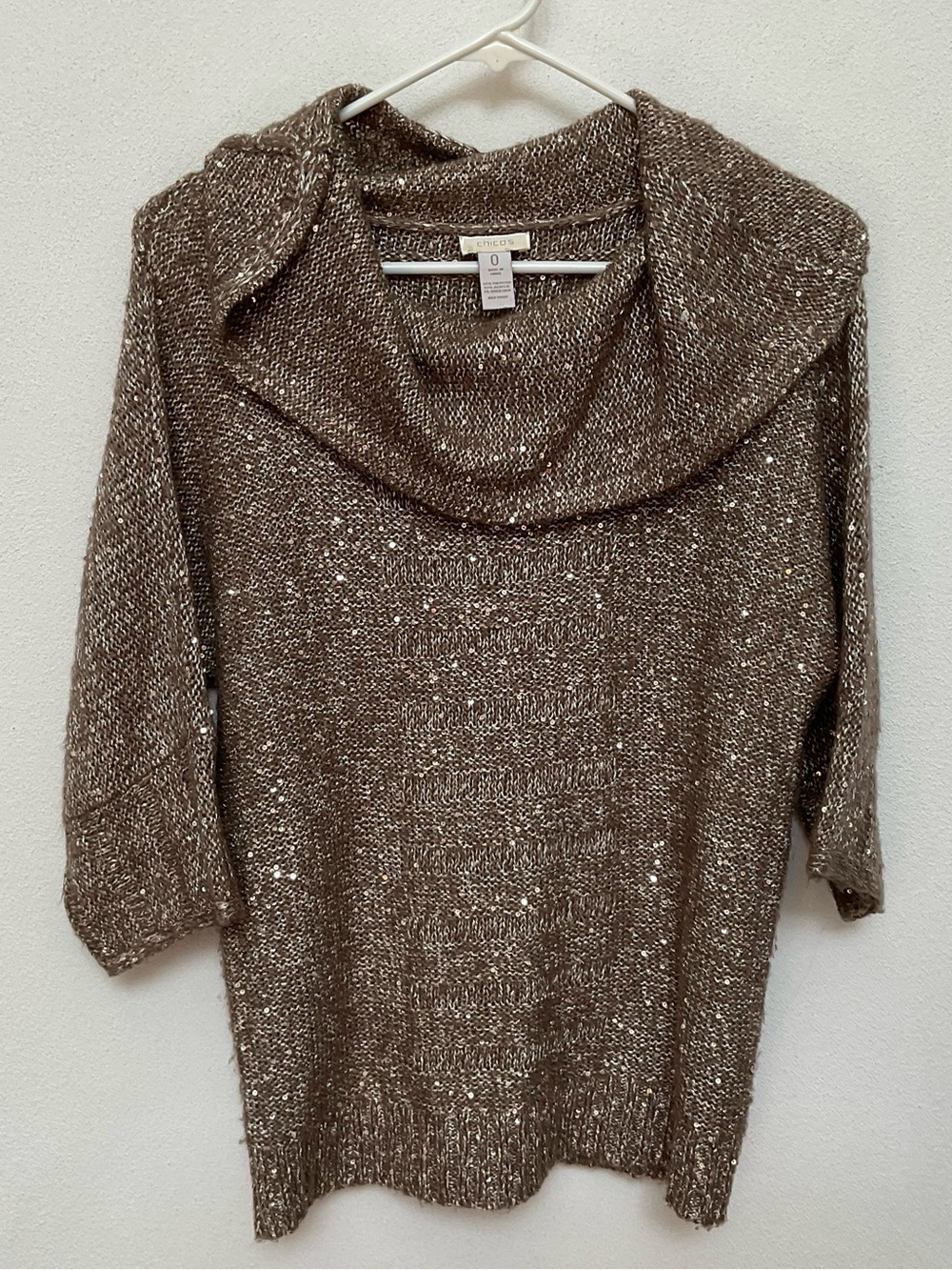 Chico's Brown, Sequin Gold Knit Cowl Neck Sweater Size 0 US Small/4